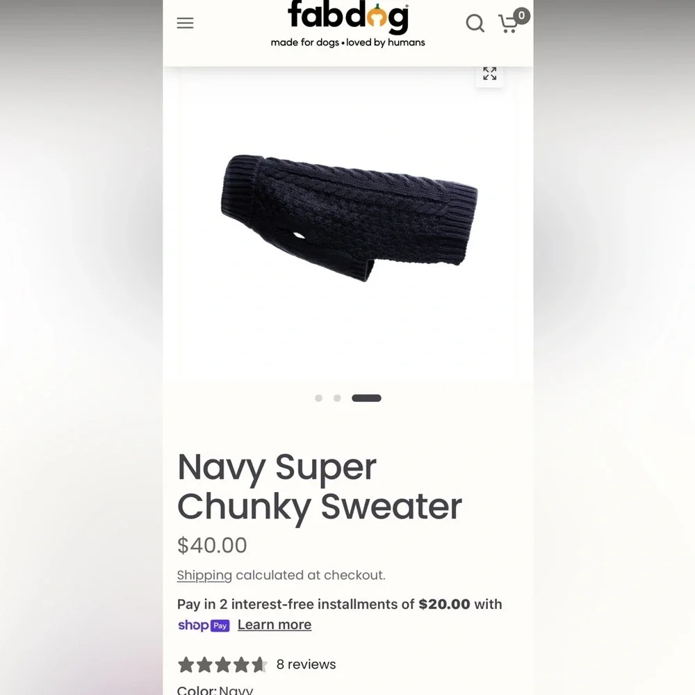 Fab Dog Navy Cable Knit Turtleneck Sweater, NWT, Size 20”